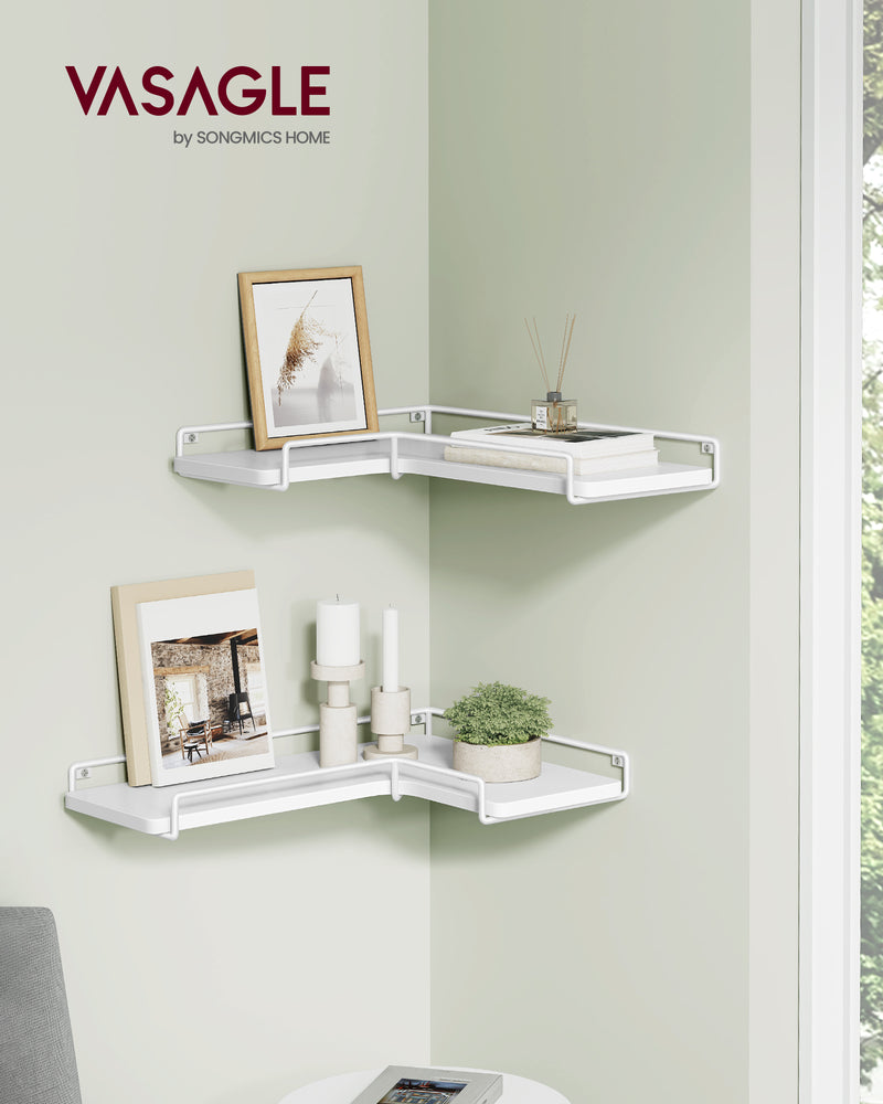 Set of 2 White L Shaped Floating Wall Shelves for Modern Storage and Display by Vasagle