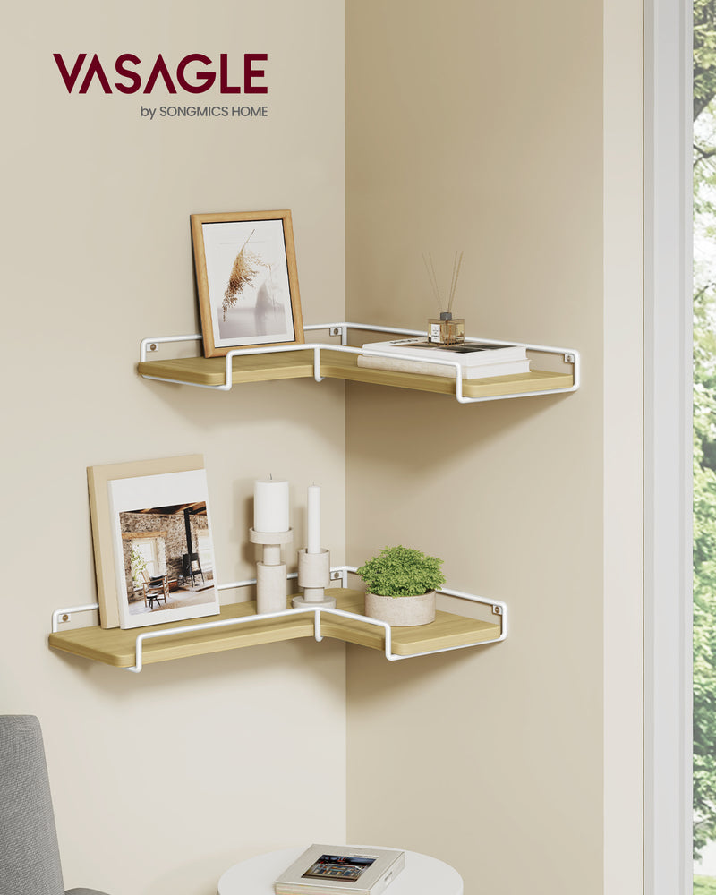 Set of 2 L Shaped Wall Mounted Floating Shelves in Natural Oak and White by Vasagle