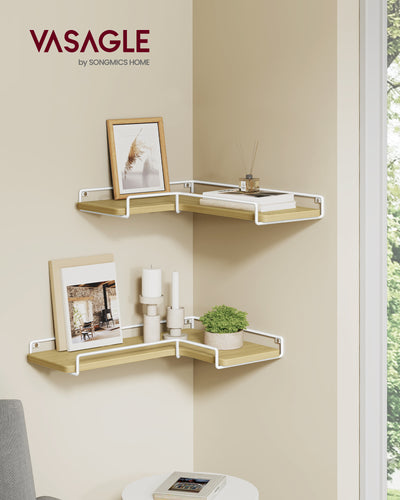 Set of 2 L Shaped Wall Mounted Floating Shelves in Natural Oak and White by Vasagle