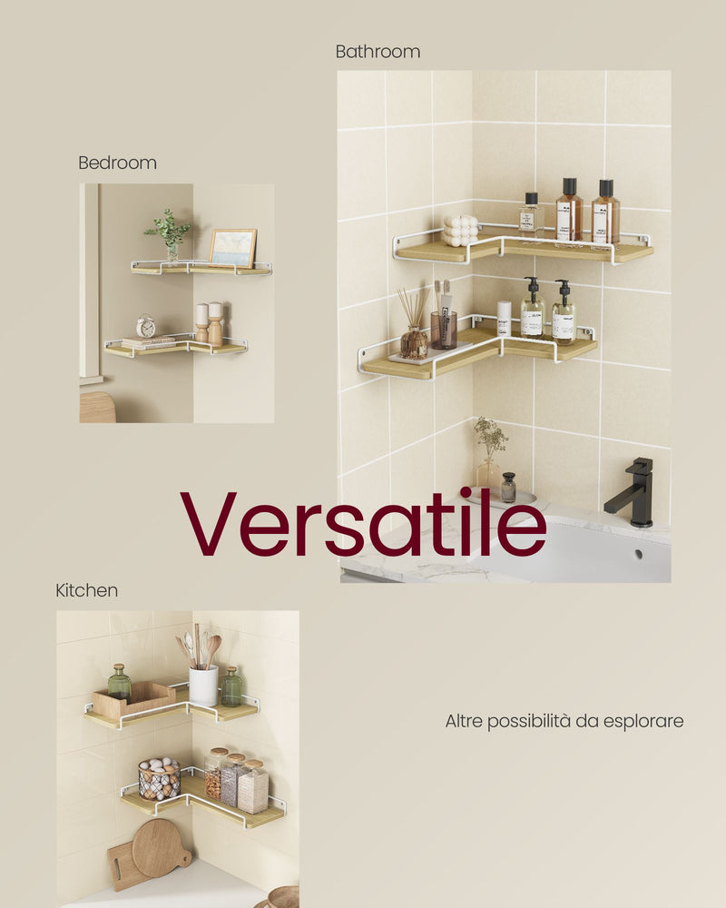 Set of 2 L Shaped Wall Mounted Floating Shelves in Natural Oak and White by Vasagle