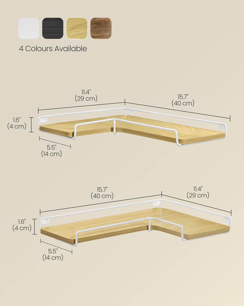 Set of 2 L Shaped Wall Mounted Floating Shelves in Natural Oak and White by Vasagle