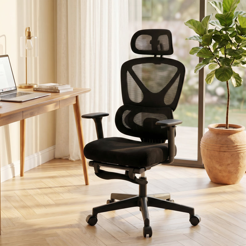 Ergonomic Office Chair with Adjustable Support and Reclining Leg Rest for Home Working Black