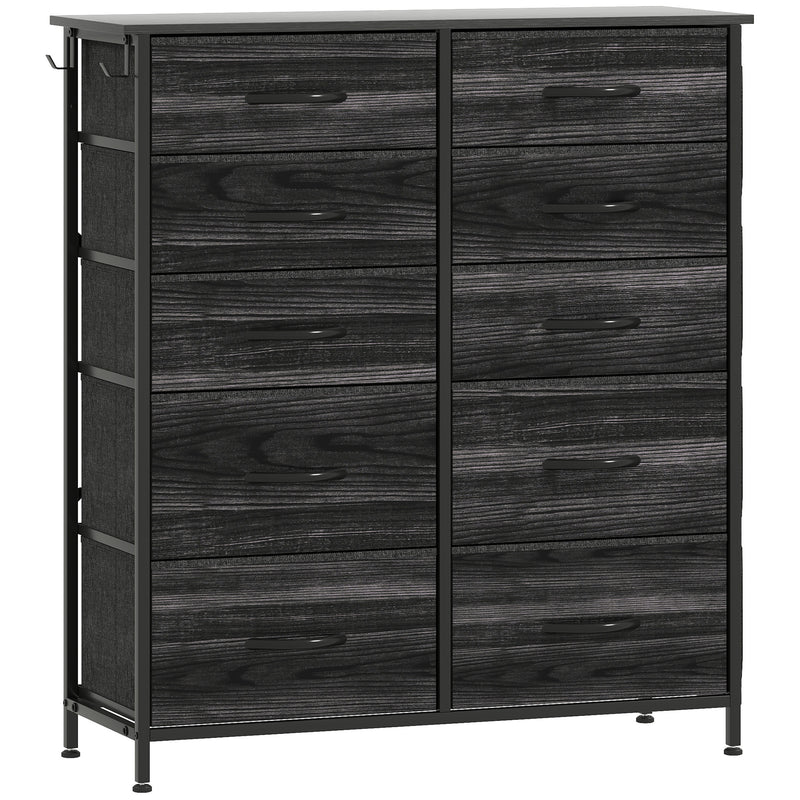Chest of 10 Drawer Fabric Storage Unit With Metal Frame For Bedroom or Hallway Black