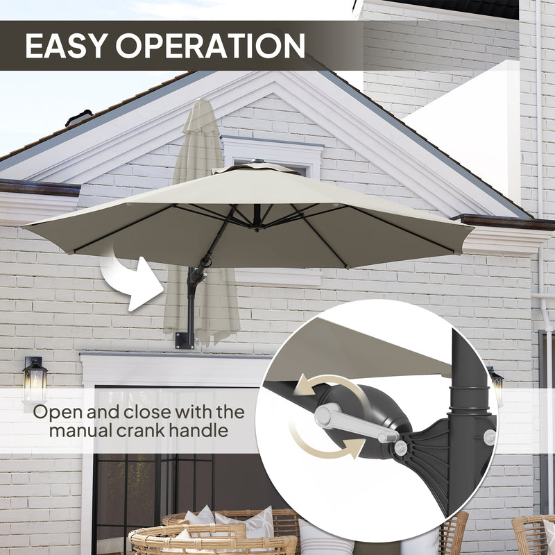 Light Grey 3m Wall Mounted Garden Parasol with Easy Crank Handle for Shade by Outsunny