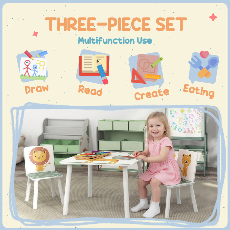 3 Piece Animal Themed Kids Table and 2 Chair Set with Storage for Playroom or Bedroom, Green