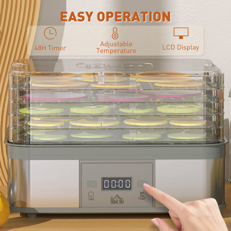 5 Tier Stainless Steel Food Dehydrator with Timer and LCD for Fruit and Jerky Grey
