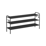 Extra Wide 3 Tier Fabric Shoe Rack with 4 Hooks in Black for Hallway Storage by Songmics
