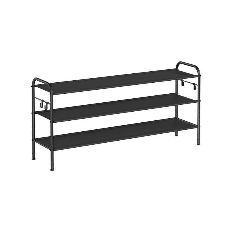 Extra Wide 3 Tier Fabric Shoe Rack with 4 Hooks in Black for Hallway Storage by Songmics