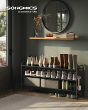 Extra Wide 3 Tier Fabric Shoe Rack with 4 Hooks in Black for Hallway Storage by Songmics