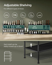 Extra Wide 3 Tier Fabric Shoe Rack with 4 Hooks in Black for Hallway Storage by Songmics