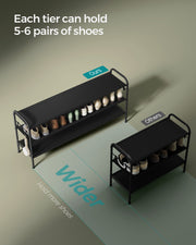 Extra Wide 3 Tier Fabric Shoe Rack with 4 Hooks in Black for Hallway Storage by Songmics