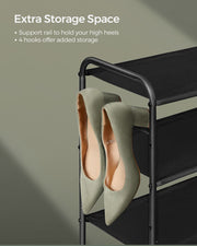 Extra Wide 3 Tier Fabric Shoe Rack with 4 Hooks in Black for Hallway Storage by Songmics