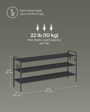 Extra Wide 3 Tier Fabric Shoe Rack with 4 Hooks in Black for Hallway Storage by Songmics