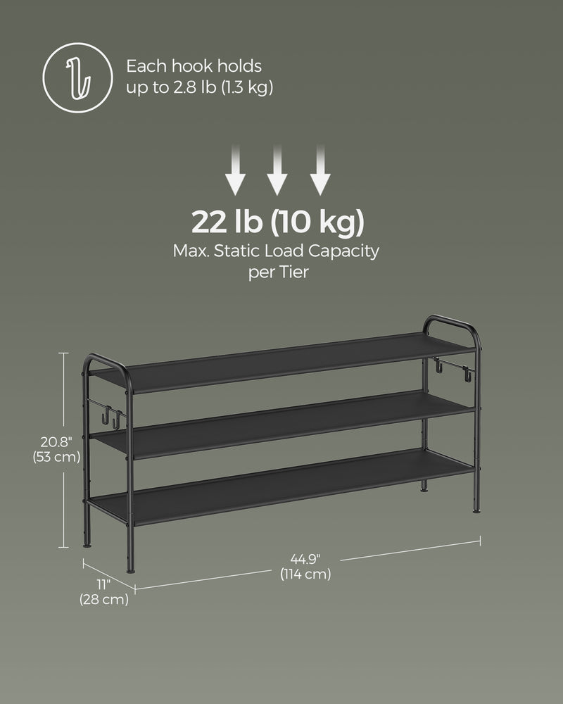 Extra Wide 3 Tier Fabric Shoe Rack with 4 Hooks in Black for Hallway Storage by Songmics