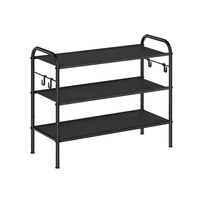 Wide 3 Tier Fabric Shoe Rack with Hooks in Black for Hallway or Entryway by Songmics