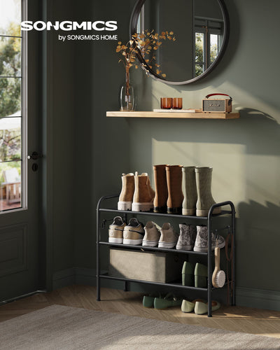 Wide 3 Tier Fabric Shoe Rack with Hooks in Black for Hallway or Entryway by Songmics