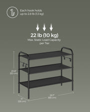 Wide 3 Tier Fabric Shoe Rack with Hooks in Black for Hallway or Entryway by Songmics