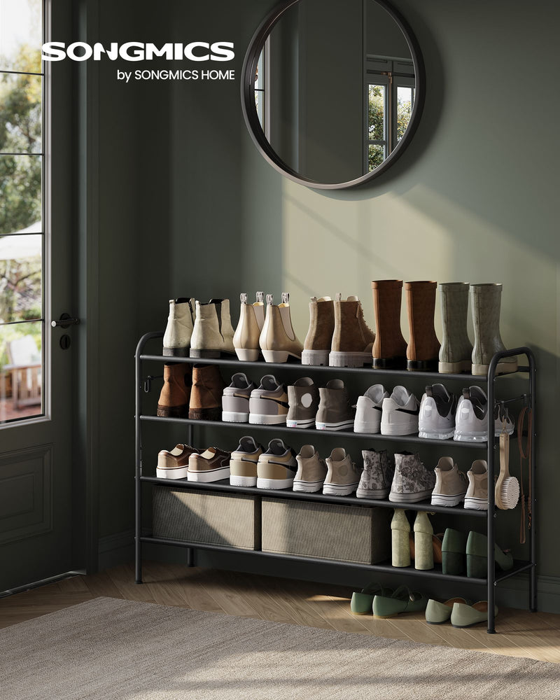 Extra Wide 4 Tier Fabric Shoe Rack with Hooks for Hallway in Black by Songmics