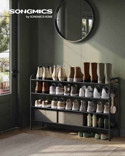 Extra Wide 4 Tier Fabric Shoe Rack with Hooks for Hallway in Black by Songmics