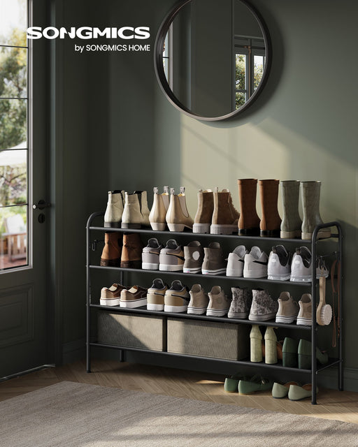 Extra Wide 4 Tier Fabric Shoe Rack with Hooks for Hallway in Black by Songmics