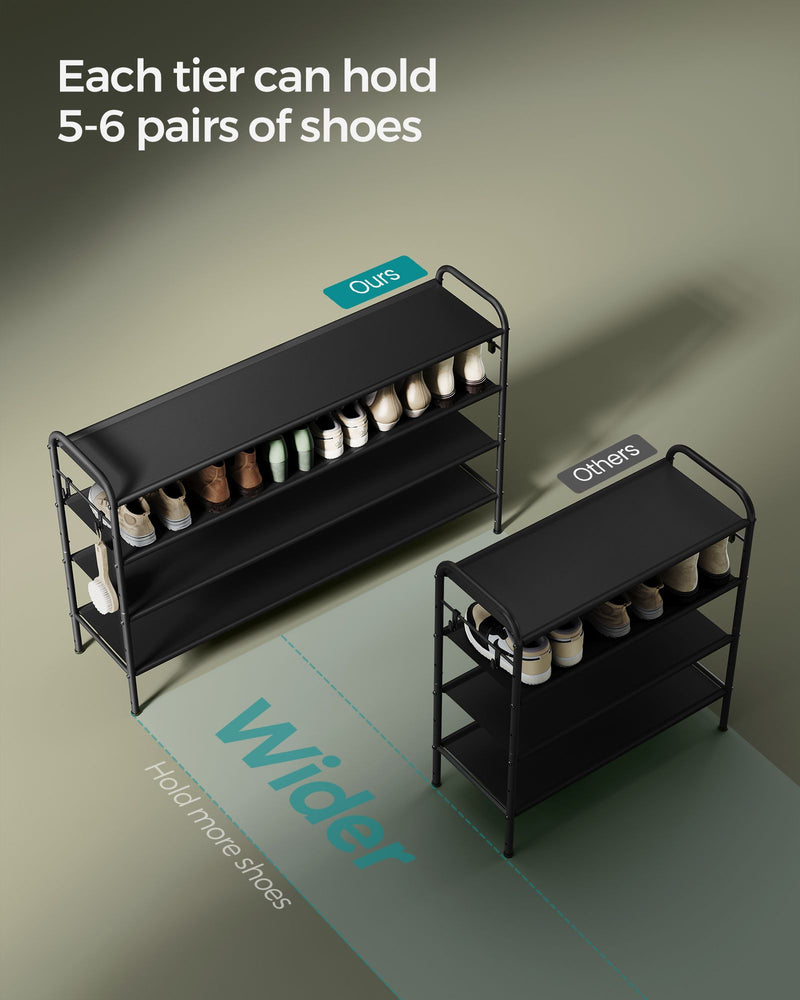 Extra Wide 4 Tier Fabric Shoe Rack with Hooks for Hallway in Black by Songmics