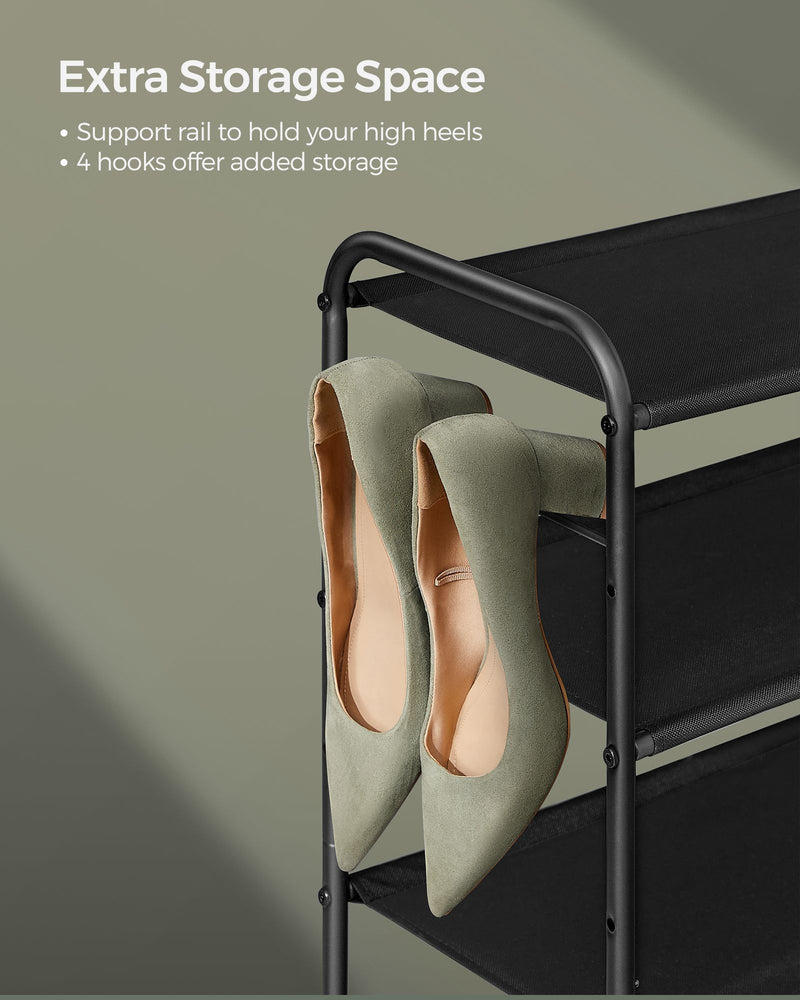 Extra Wide 4 Tier Fabric Shoe Rack with Hooks for Hallway in Black by Songmics