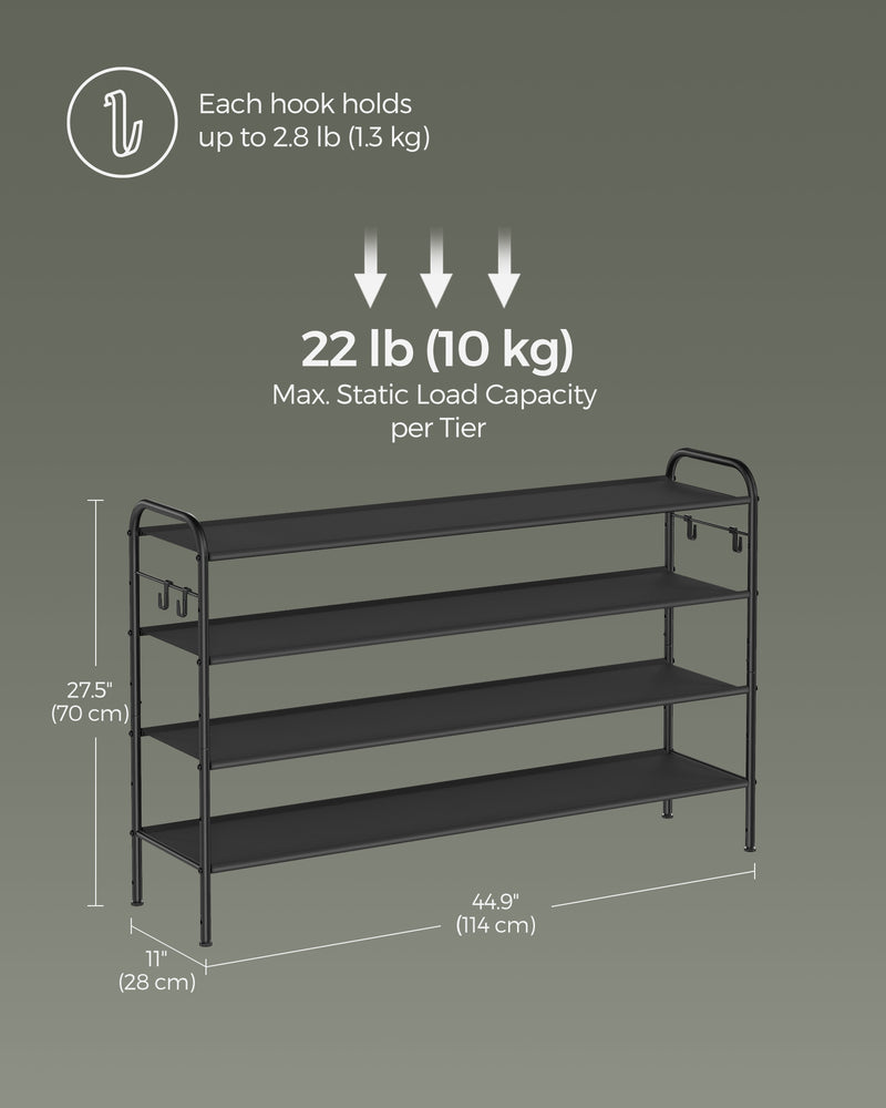 Extra Wide 4 Tier Fabric Shoe Rack with Hooks for Hallway in Black by Songmics