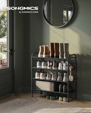 Wide 4 Tier Fabric Shoe Rack with Hooks for Hallway or Bedroom in Black by Songmics