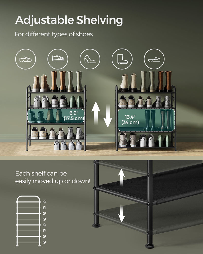 Wide 4 Tier Fabric Shoe Rack with Hooks for Hallway or Bedroom in Black by Songmics