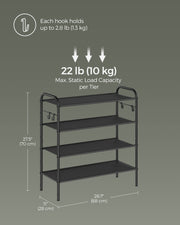 Wide 4 Tier Fabric Shoe Rack with Hooks for Hallway or Bedroom in Black by Songmics