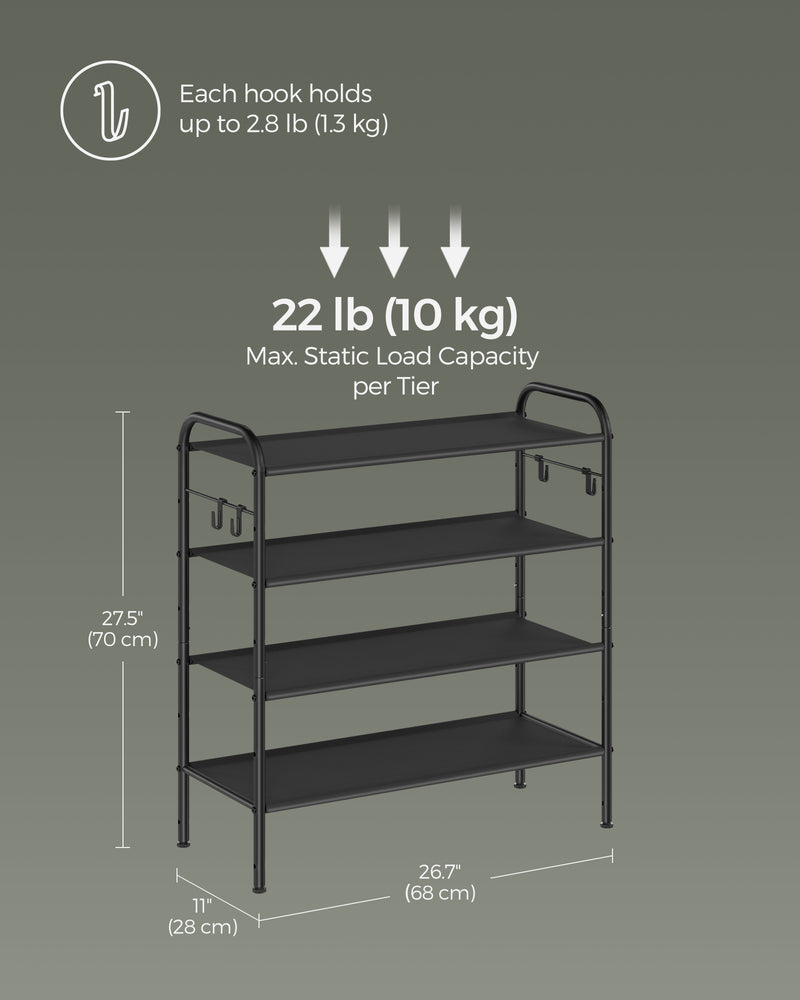 Wide 4 Tier Fabric Shoe Rack with Hooks for Hallway or Bedroom in Black by Songmics