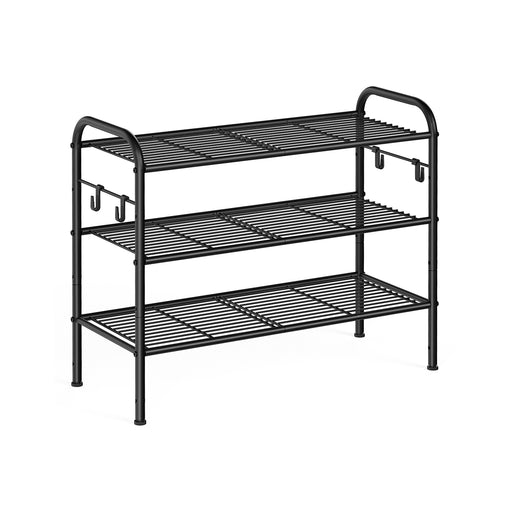 Extra Wide 3 Tier Metal Shoe Rack with Hooks for Hallway Storage in Ink Black by Songmics