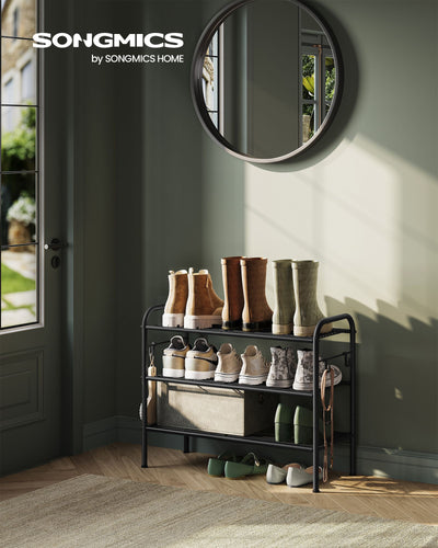 Extra Wide 3 Tier Metal Shoe Rack with Hooks for Hallway Storage in Ink Black by Songmics