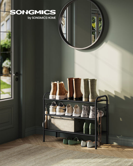 Extra Wide 3 Tier Metal Shoe Rack with Hooks for Hallway Storage in Ink Black by Songmics