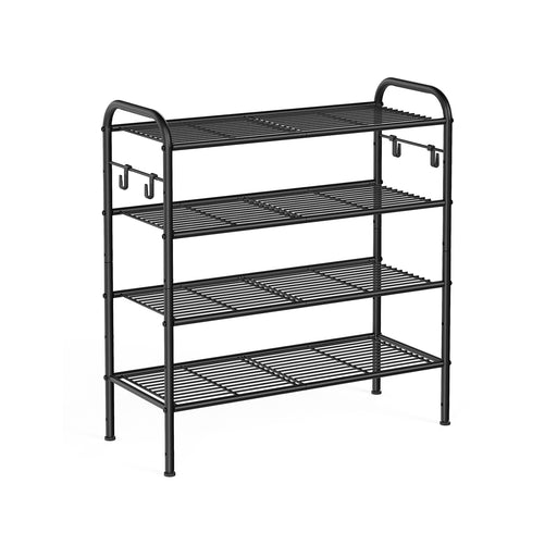 Extra Wide 4 Tier Metal Shoe Rack with Hooks for Hallway Storage in Black by Songmics