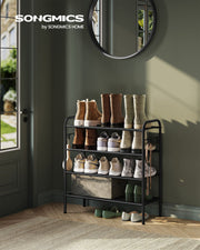 Extra Wide 4 Tier Metal Shoe Rack with Hooks for Hallway Storage in Black by Songmics