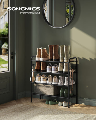 Extra Wide 4 Tier Metal Shoe Rack with Hooks for Hallway Storage in Black by Songmics