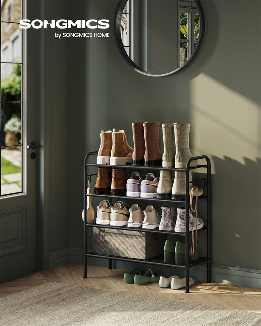 Extra Wide 4 Tier Metal Shoe Rack with Hooks for Hallway Storage in Black by Songmics