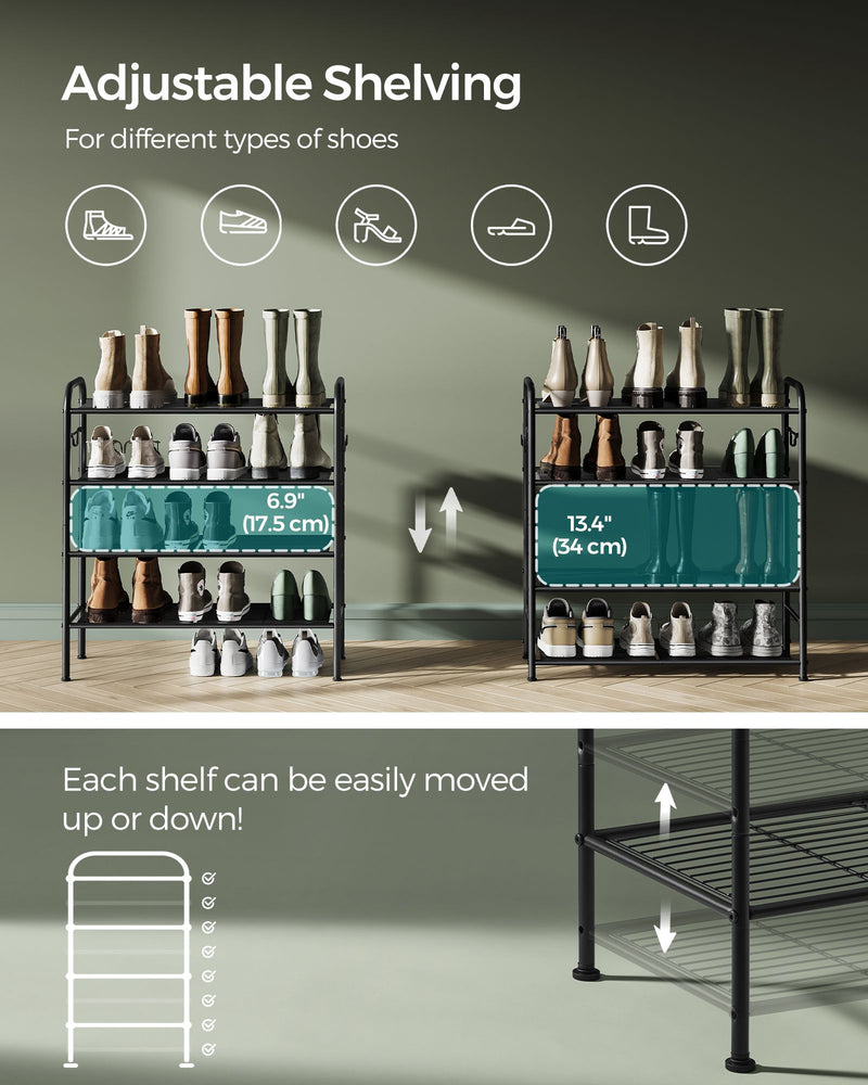 Extra Wide 4 Tier Metal Shoe Rack with Hooks for Hallway Storage in Black by Songmics