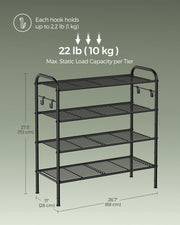 Extra Wide 4 Tier Metal Shoe Rack with Hooks for Hallway Storage in Black by Songmics