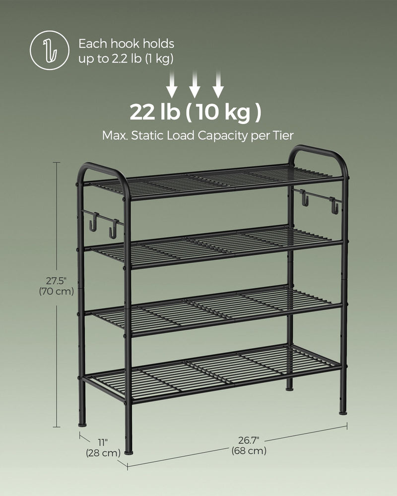 Extra Wide 4 Tier Metal Shoe Rack with Hooks for Hallway Storage in Black by Songmics