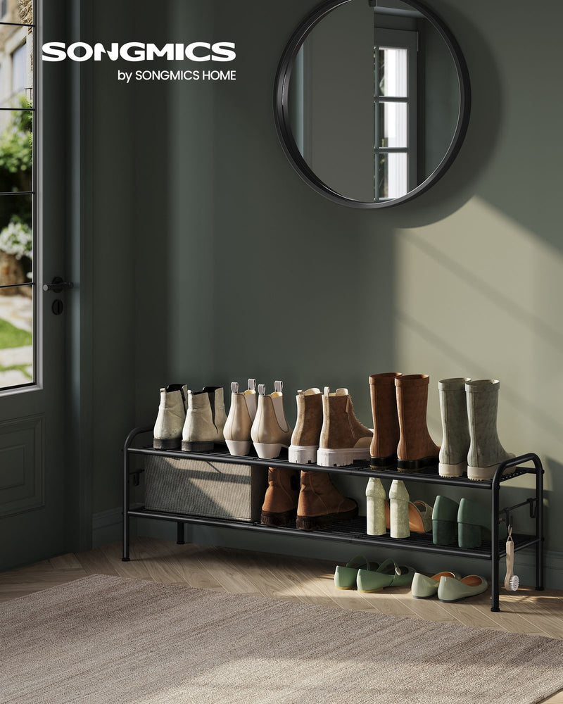 Extra Wide 2 Tier Metal Shoe Rack with Hooks Space Saving Design in Ink Black by Songmics