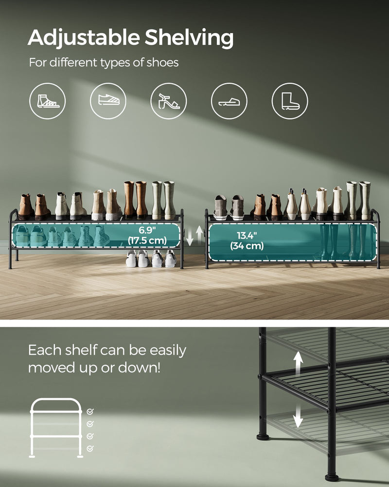 Extra Wide 2 Tier Metal Shoe Rack with Hooks Space Saving Design in Ink Black by Songmics