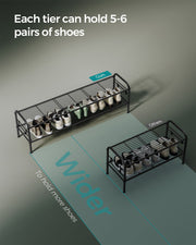 Extra Wide 2 Tier Metal Shoe Rack with Hooks Space Saving Design in Ink Black by Songmics