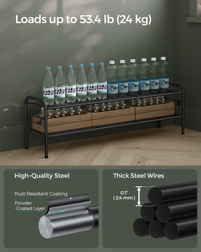 Extra Wide 2 Tier Metal Shoe Rack with Hooks Space Saving Design in Ink Black by Songmics