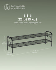 Extra Wide 2 Tier Metal Shoe Rack with Hooks Space Saving Design in Ink Black by Songmics