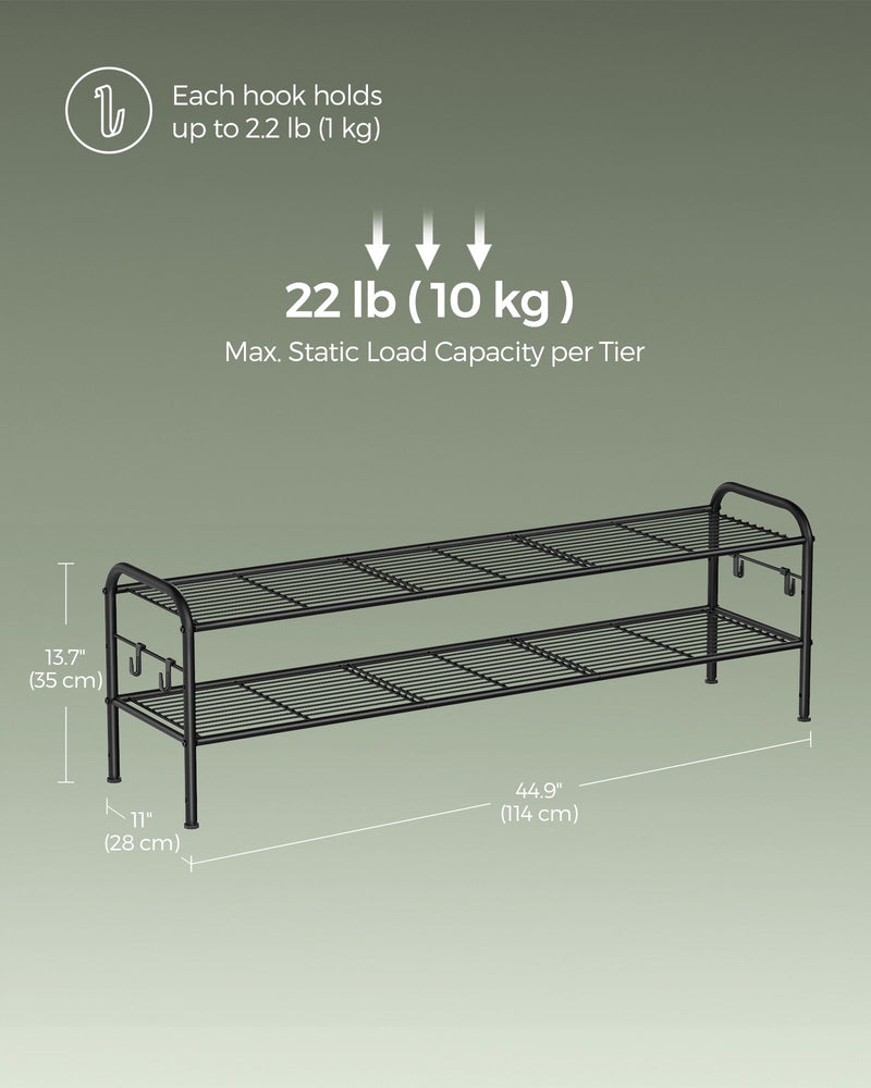Extra Wide 2 Tier Metal Shoe Rack with Hooks Space Saving Design in Ink Black by Songmics