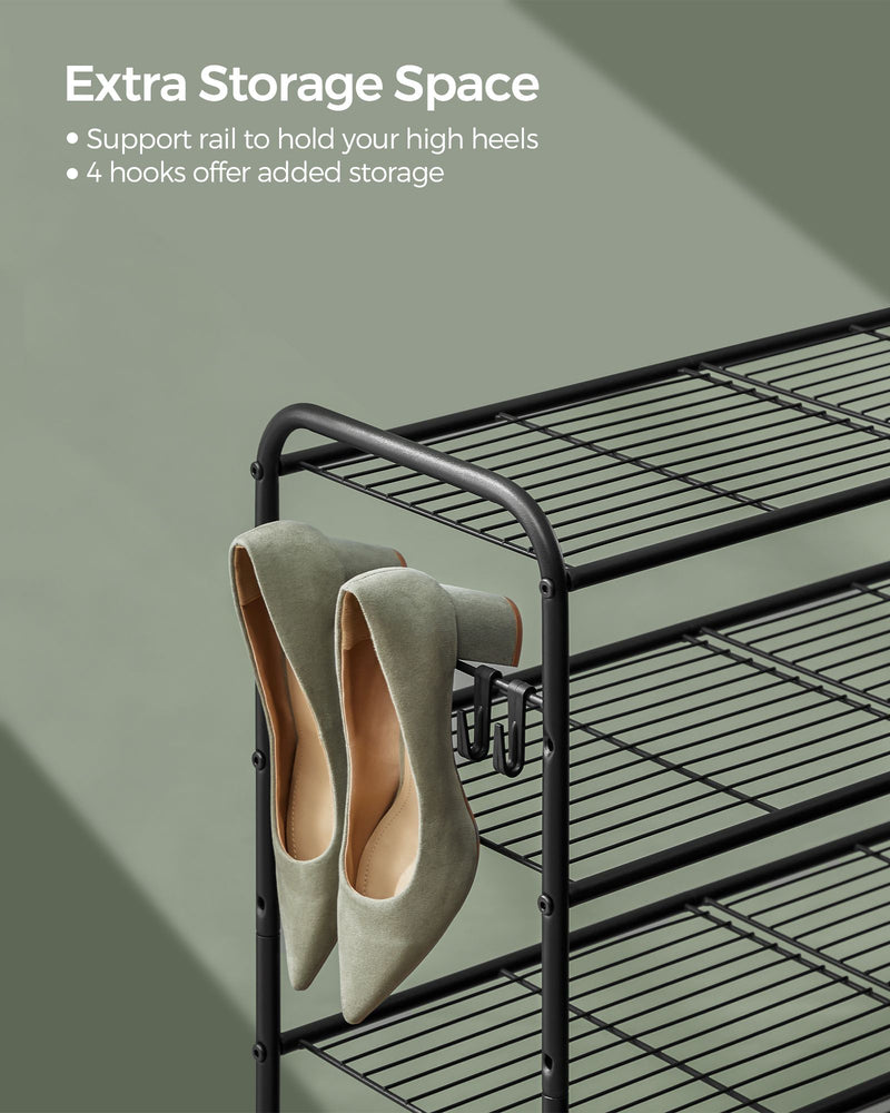 Extra Wide 2 Tier Metal Shoe Rack with Hooks Space Saving Design in Ink Black by Songmics