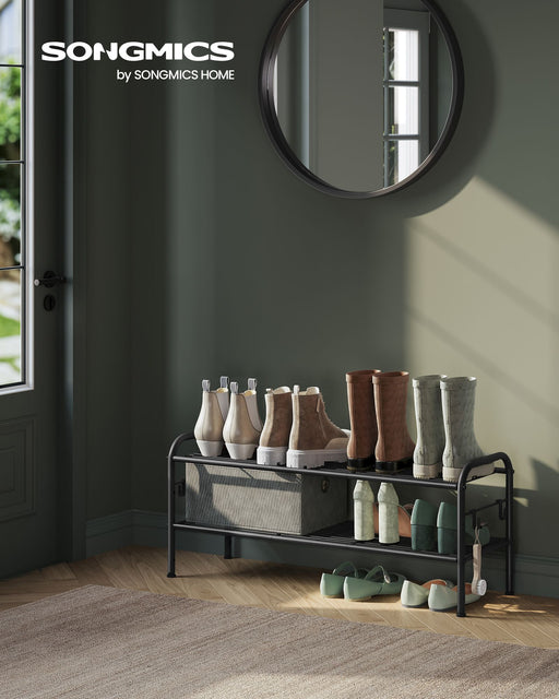 Extra Wide 2 Tier Metal Shoe Rack with Hooks for Hallway Storage in Black by Songmics