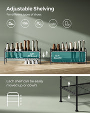 Extra Wide 2 Tier Metal Shoe Rack with Hooks for Hallway Storage in Black by Songmics